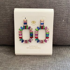 NWOT Never Worn Multi Colored Crystal Bling Glitz Large “O” Dangle Earrings